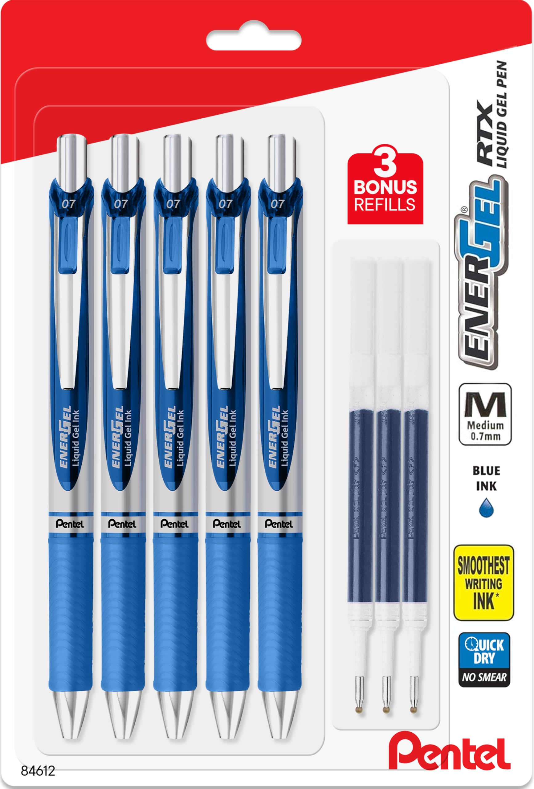 Pentel Energel 0.7 mm Liquid Gel Ink Pens - Pack of 5 Blue Deluxe RTX Pentel Pens with 3 Refills