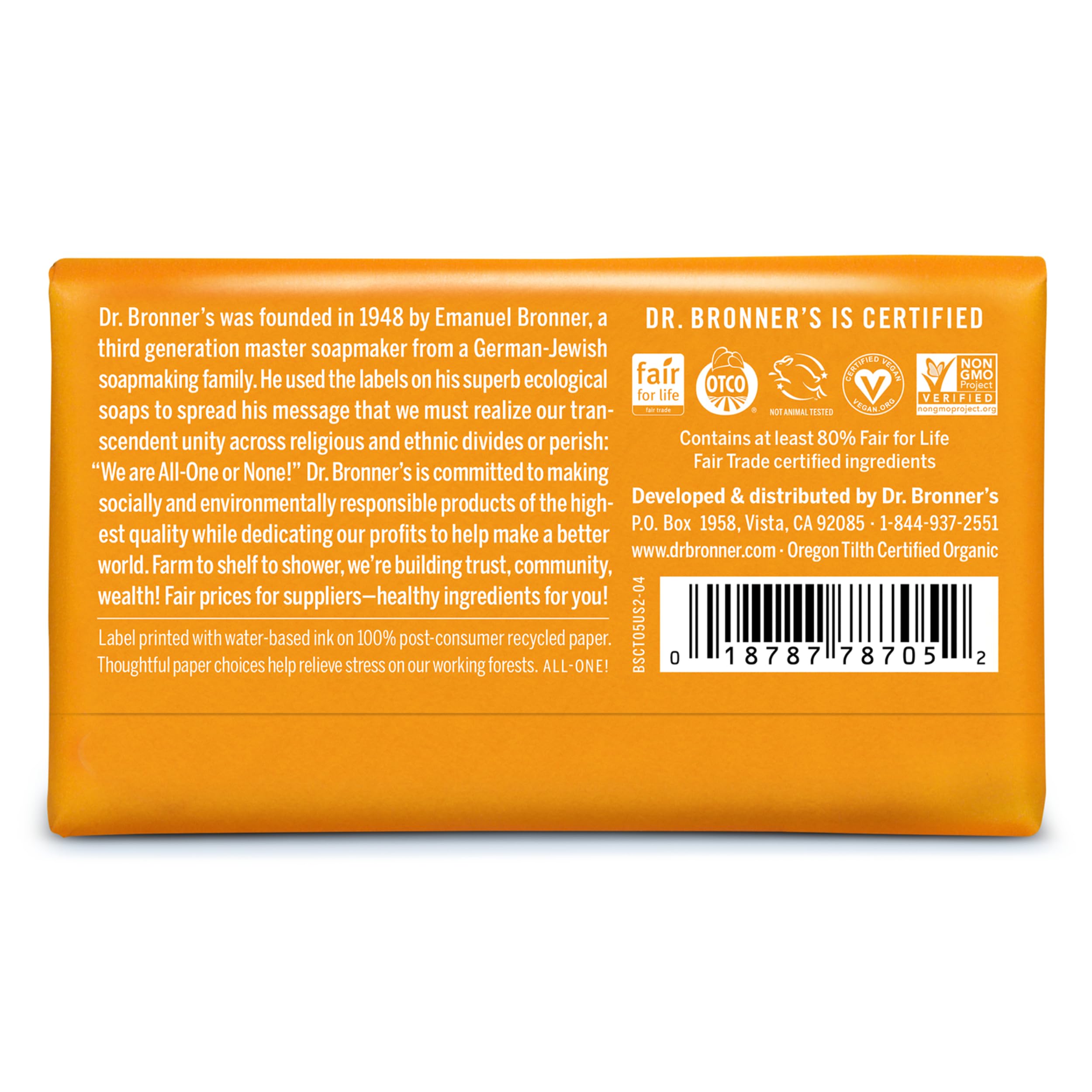 Dr. Bronner's - Pure-Castile Bar Soap - Citrus, Made w/Organic Oils, For Face, Body, & Hair, Gentle & Moisturizing, Smooth Lather, Biodegradable, Vegan, Cruelty-Free, Non-GMO (5oz, 12-Pack)