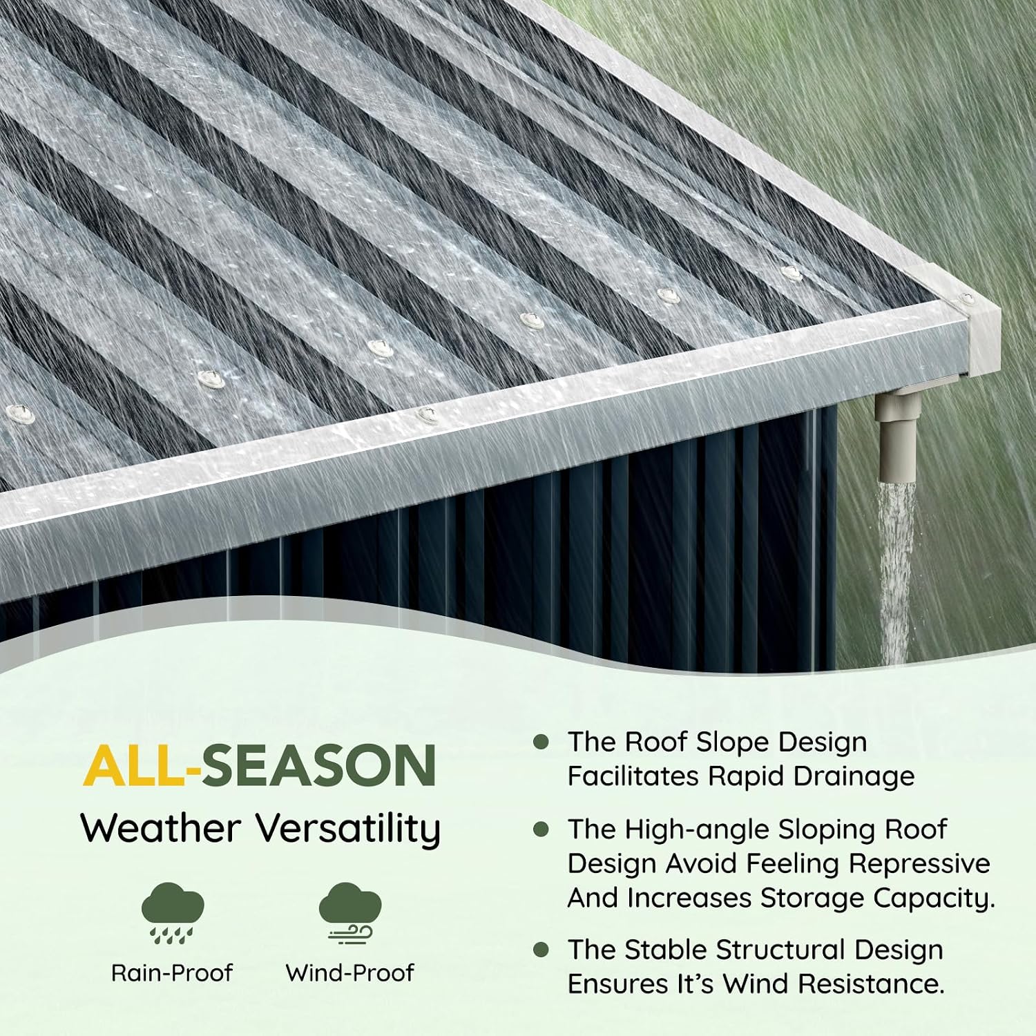 Shed roof design for all-season weather versatility, including rain-proof and wind-proof features