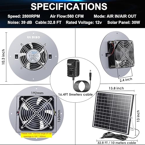 Miniatura 5 de LilDiho 30W solar attic fan- solar exhaust fan, Two Charging Options, IPX7 Waterproof Fan 32.8Ft, Solar Fan for Attic, Underground Space,