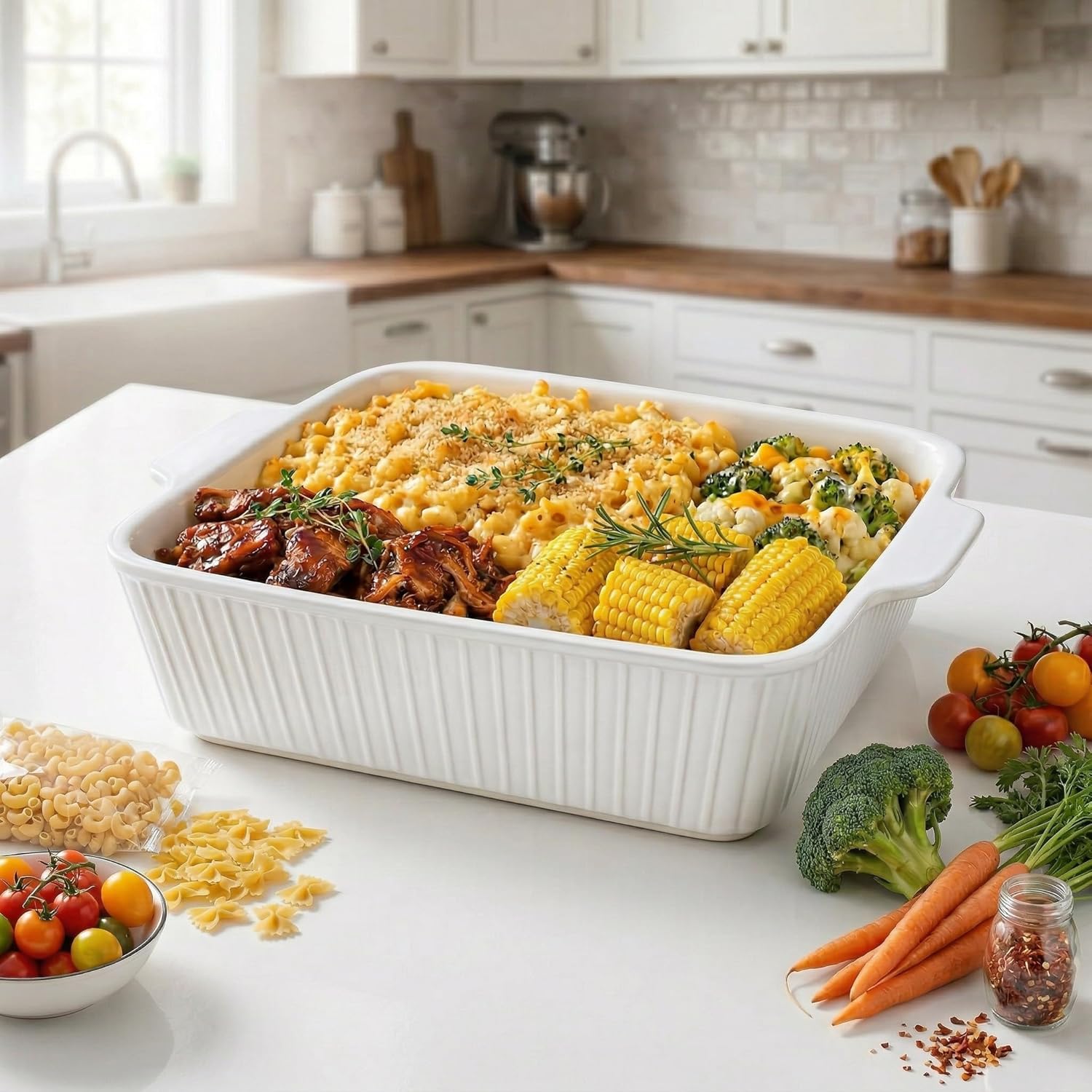 10" Square Ceramic Casserole Dish Set of 2-2.6 Qt Deep Baking Dishes with Handles for Oven, Lasagna Pan for Casseroles Cake Bread, Microwave Dishwasher Safe Bakeware Set, White