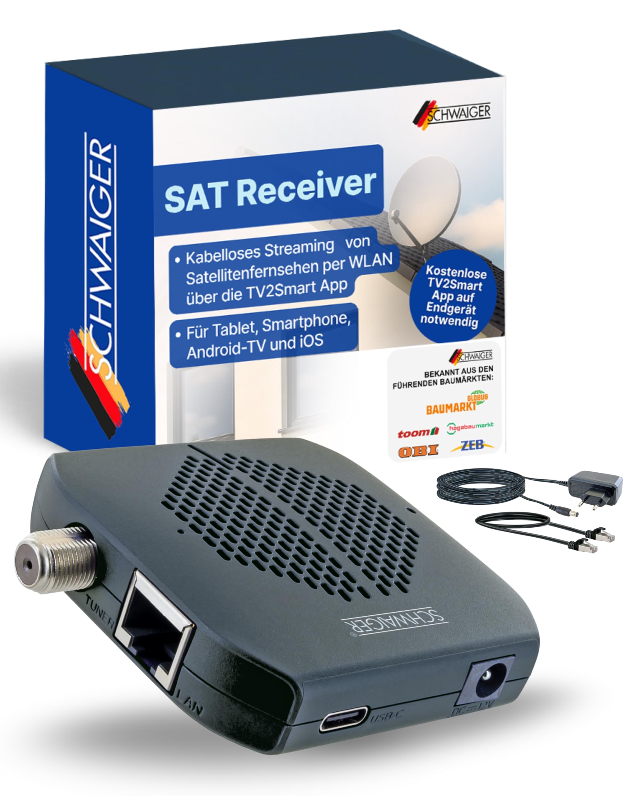 SCHWAIGER SAT Receiver I SAT-Dongle für Digitale Fernsehsignale per WLAN I kabelloses Streaming von Satellitenfernsehen per WiFi über TV2Smart App I drahtloser Satellitenempfänger für Fernseher