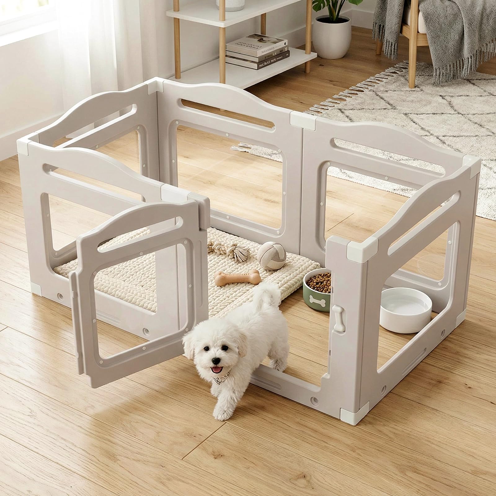 MAMIZO Parque para Perros en Acrílico Transparente 129 × 68 × 60 cm, Plegable Recinto para Perros con Ventosas, 6PCS Paneles Caja de Parto para Animales con Puerta, Gris cálido