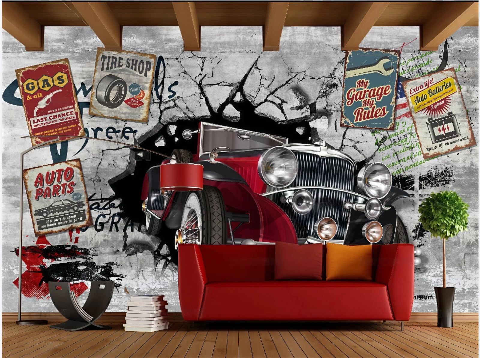 rskjdghshd Wallpaper Retro Nostalgic Cement Wall Stereo Photo Car Wall Bar Dining Background Western Restaurant Wallpaper Drink Cafe Mural,3D,400x280cm