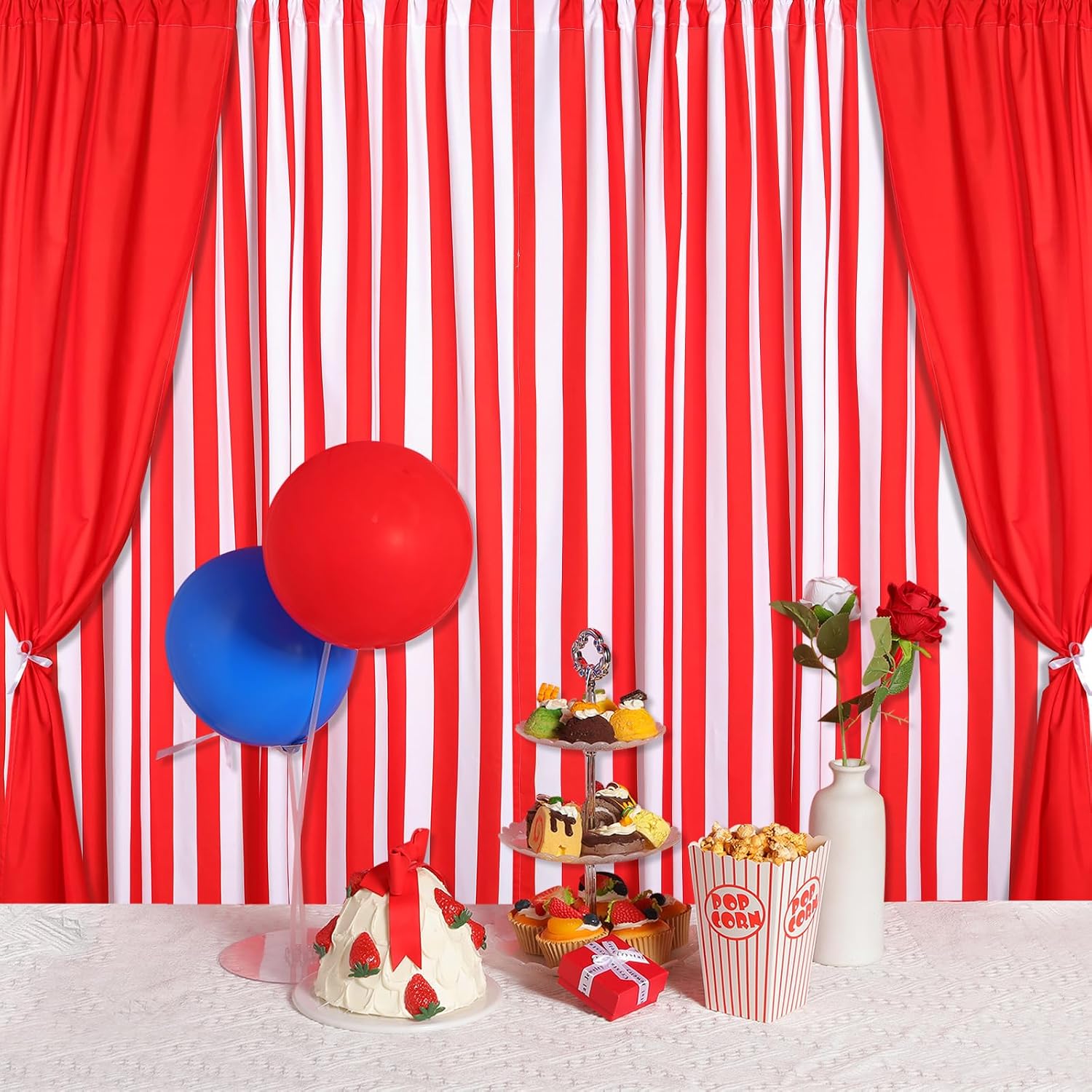 Tingjoo 3 Pcs Carnival Circus Backdrop Decorations White Striped Polyester Curtains Photo Backdrop for Carnival Circus Party Decor Birthday Supplies Background Props(Red,White,Classic)