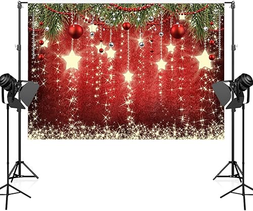 Miniatura 5 de Telón de fondo rojo de Navidad de 9 x 6 pies con estrellas brillantes, perfecto para fotografía y sesiones de fotos