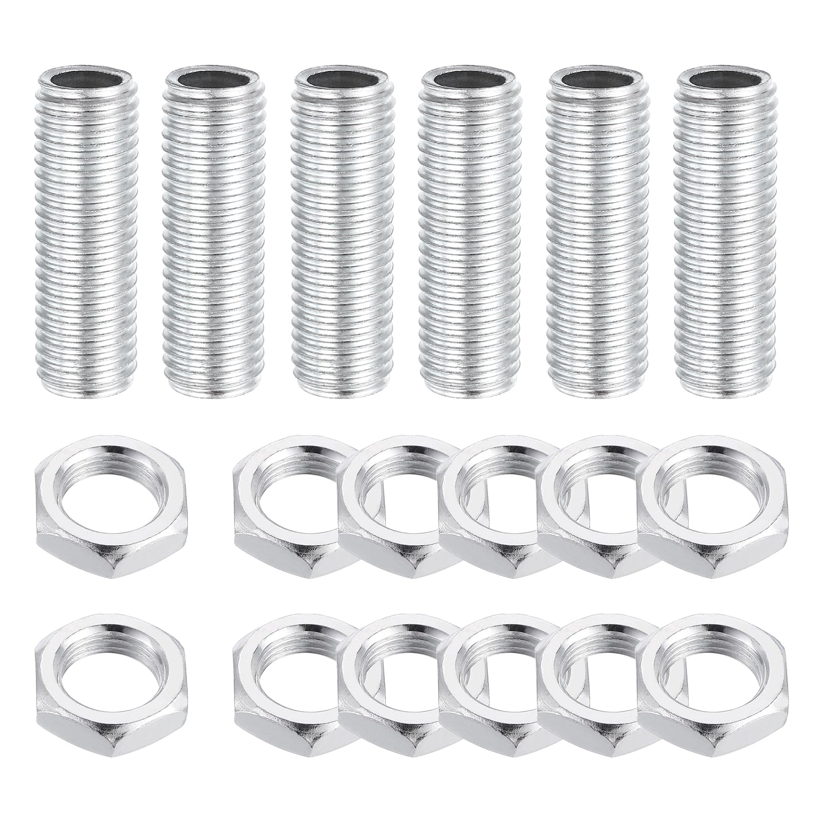 sourcing map 6Pcs 35mm Lamp Pipe Nipples Kit with Lock Nuts, M12x1.5 Fine All Threaded Hollow Tube Lamp Repair Hardware Fasteners for Chandelier Ceiling Lamps Assembly DIY, White Zinc