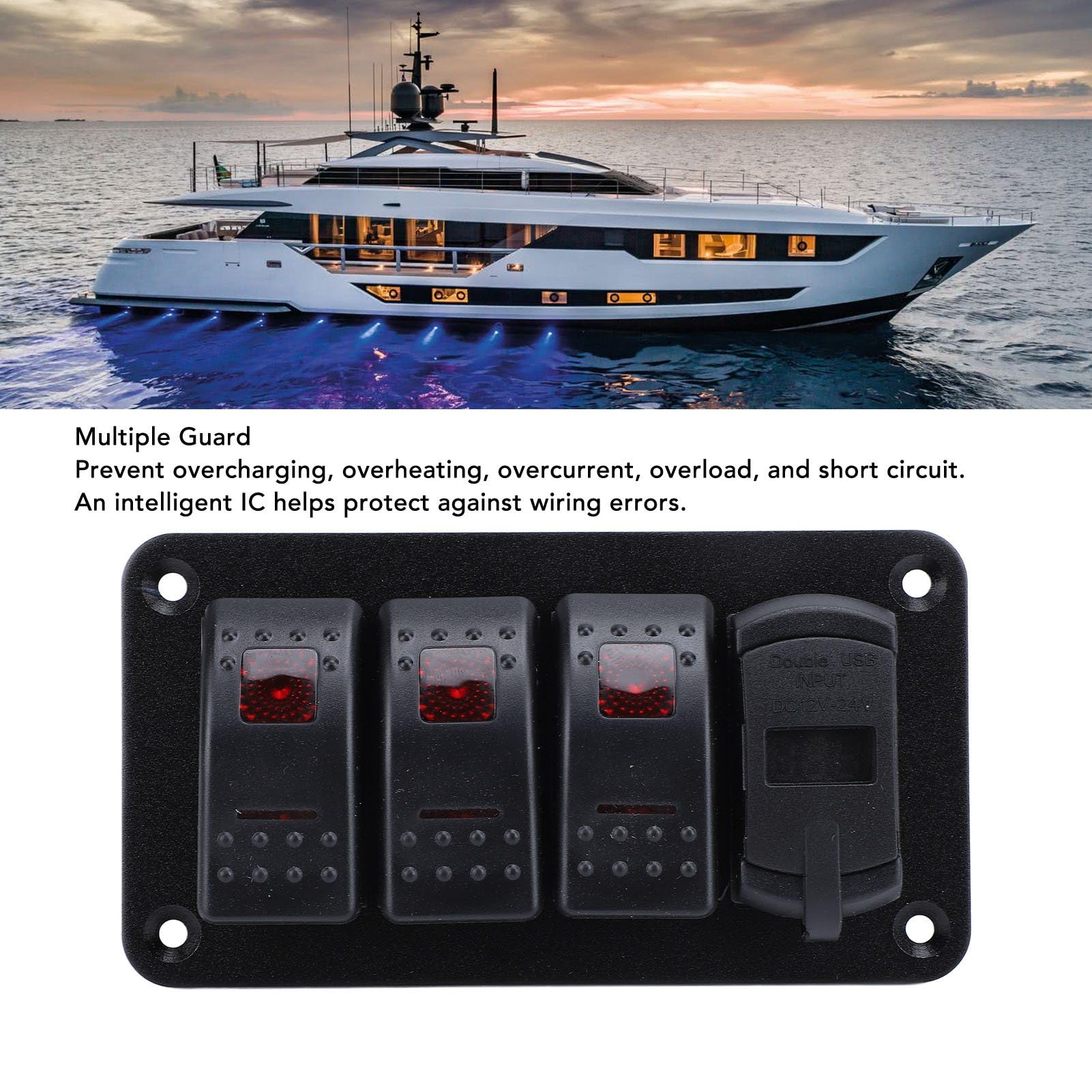 Akozon 3 Gang Rocker Switch Aluminiowy Panel, Morska Ciężarówka łodzi Podwójna ładowarka USB Voltmeter 12V 24 V z Nocnymi Naklejkami, Przykrywki Wodne Niebieska (Czerwone światło)