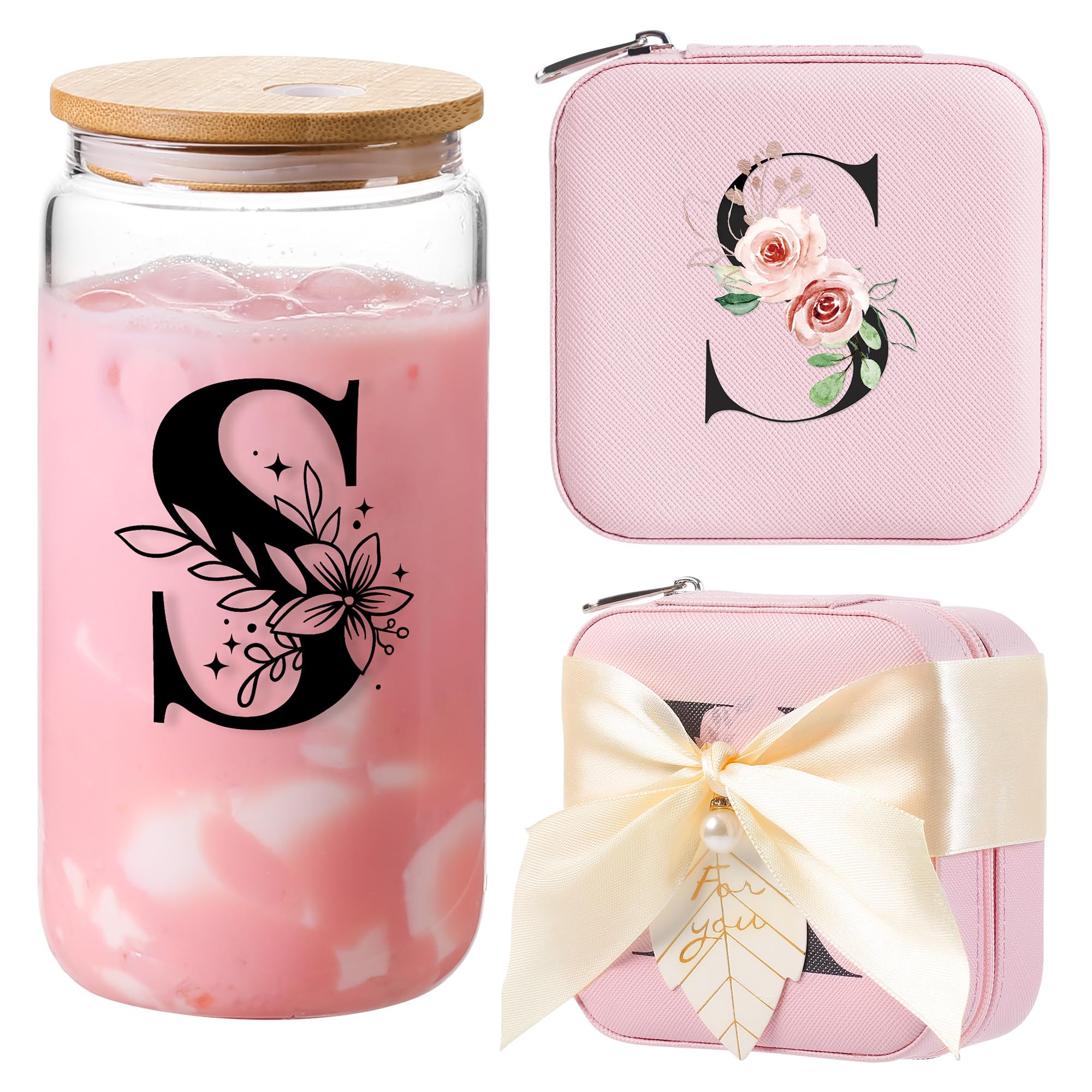 AYGXU Initial glass cups with lids and straws,personalized gifts for women,iced coffee cups,travel jewelry case organizer,small jewelry travel case,jewelry box for girls.Initial S pink