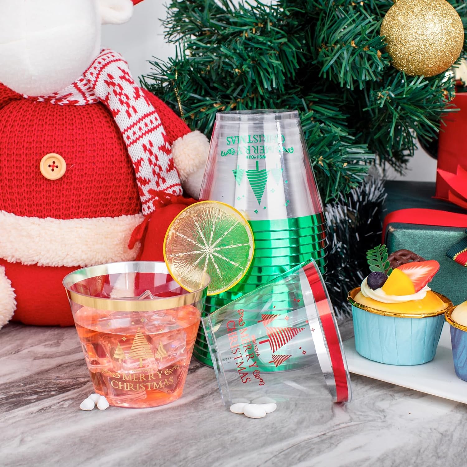 I00000 60PCS Merry Christmas Party Cups - Christmas Disposable Cups 9 Oz Clear Party Cups Wine Glasses Disposable Clear Plastic Cocktail Cups Tumblers Drinking Cups for Xmas Parties - Image 6