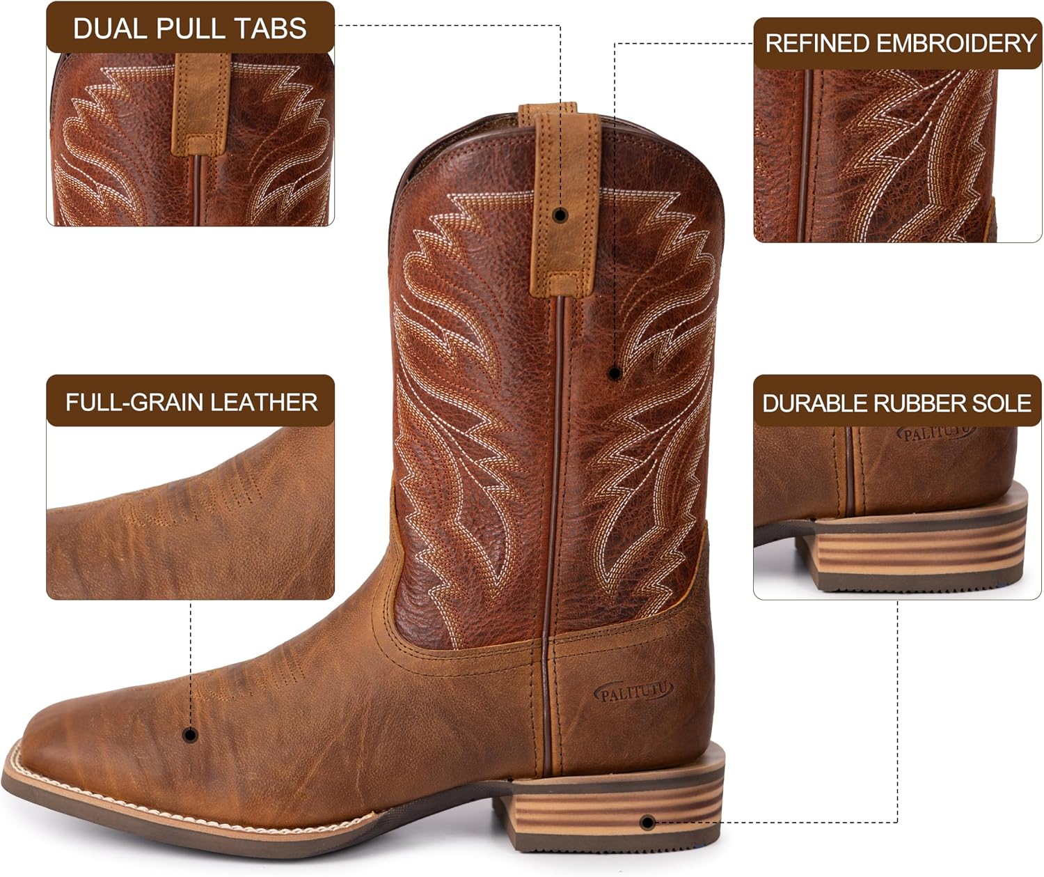 Palitutu Men’s Western Cowboy Boots, Fashionable Embroidered Full Grain Leather, Square Toe Pull-On, 4-Layer Composite Sole, Slip-Resistant Work & Riding Boots(PLT103611)