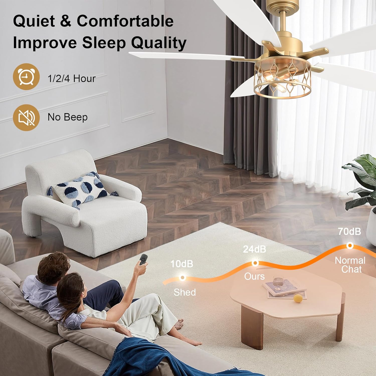 52 Inch White and Gold Ceiling Fan with Lights Modern Fandelier Ceiling Fan Industrial Caged Fandelier Farmhouse Rustic Chandelier Light for Living Room Indoor Outdoor, Reversible 6 Speeds