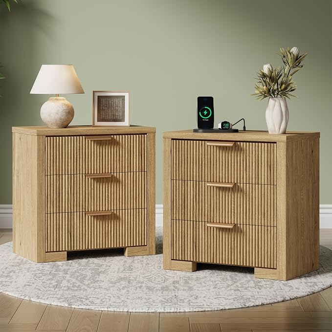 24'' Fluted Tall Nightstands Set of 2 with Charging Station