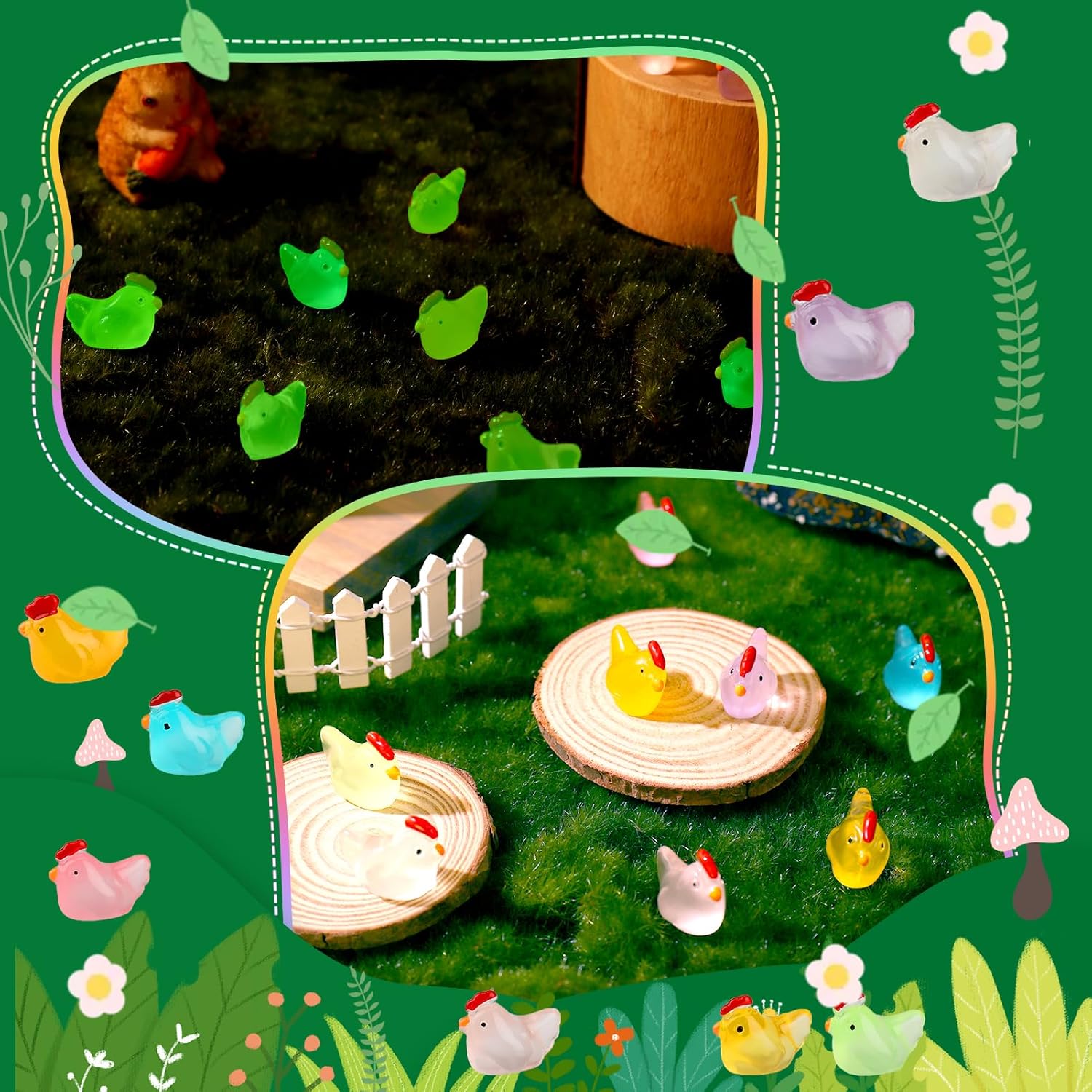 120 Pcs Luminous Mini Hens Figurines Glow in The Dark Tiny Resin Cute Chicken Miniature Ornament Charms for Dollhouse Fairy Garden Potted Room Home Decor