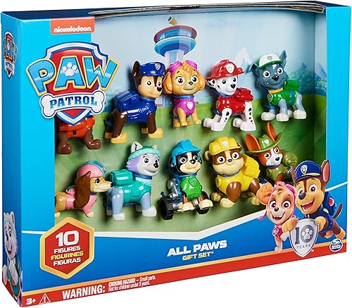 Miniatura 8 de Paw Patrol, 10 aniversario, todas las patas en cubierta de juguete paquete de regalo con 10 figuras de acción coleccionables, juguetes para niños a