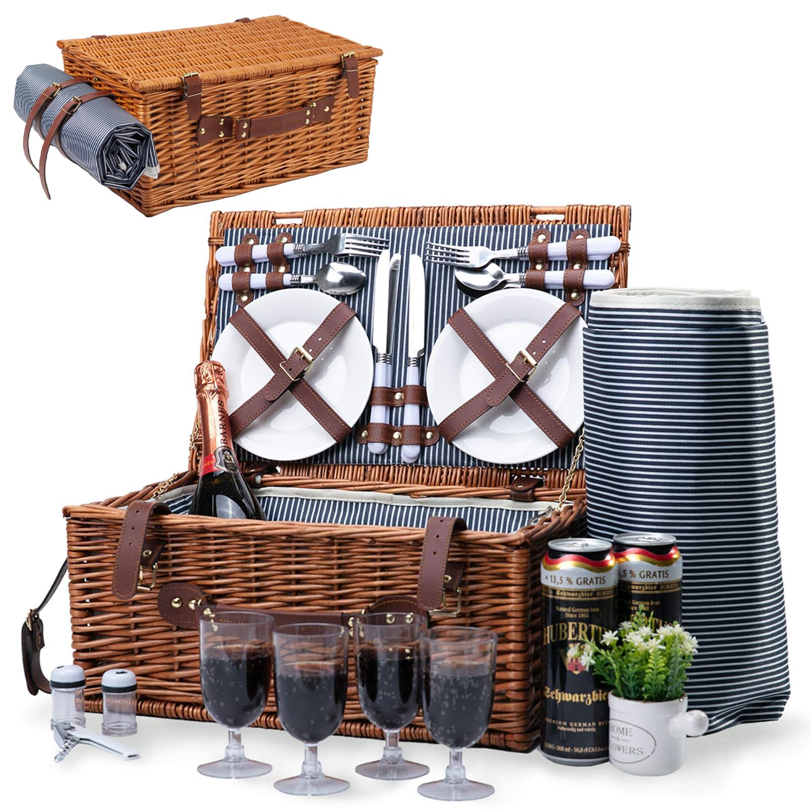 Cesta de Picnic de Mimbre para 4 Personas con Compartimento Aislado, Manta de Picnic Impermeable y Kit de Cubiertos, Canasta de Picnic para Camping, Excursiones, Barbacoas y Regalos Familias/Parejas