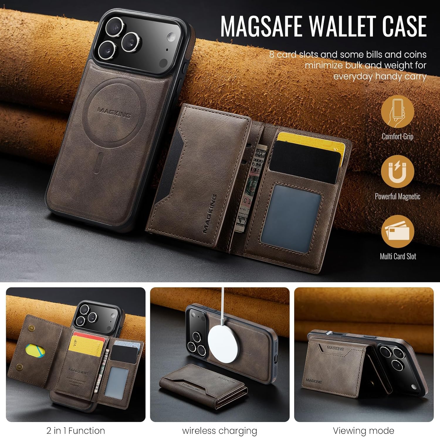 SZHAIYU K2 2 in 1 Detachable Magnetic Phone Cases Compatible with iPhone 17 Pro Max Case with Card Holder RFID Blocking, Compatible with Magsafe Wallet, Leather 6.9'' (Coffee, iPhone 17 Pro Max) - Image 2