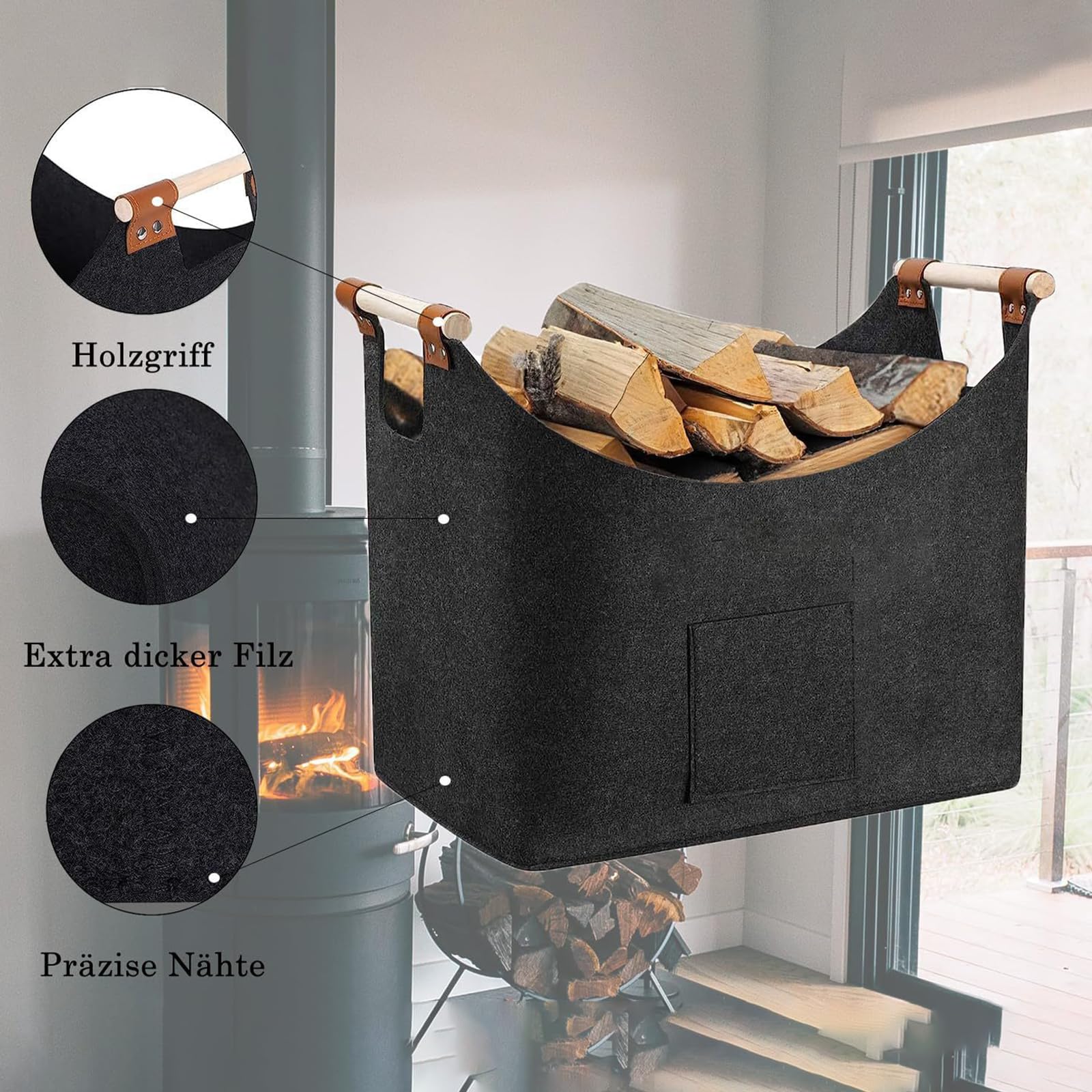 Yolistar Panier à Bûches XL Feutre Gris Foncé - 45x32x40 Cm, Pliable Avec Poignées Bois, Rangement Cheminée, Camping, Jouets