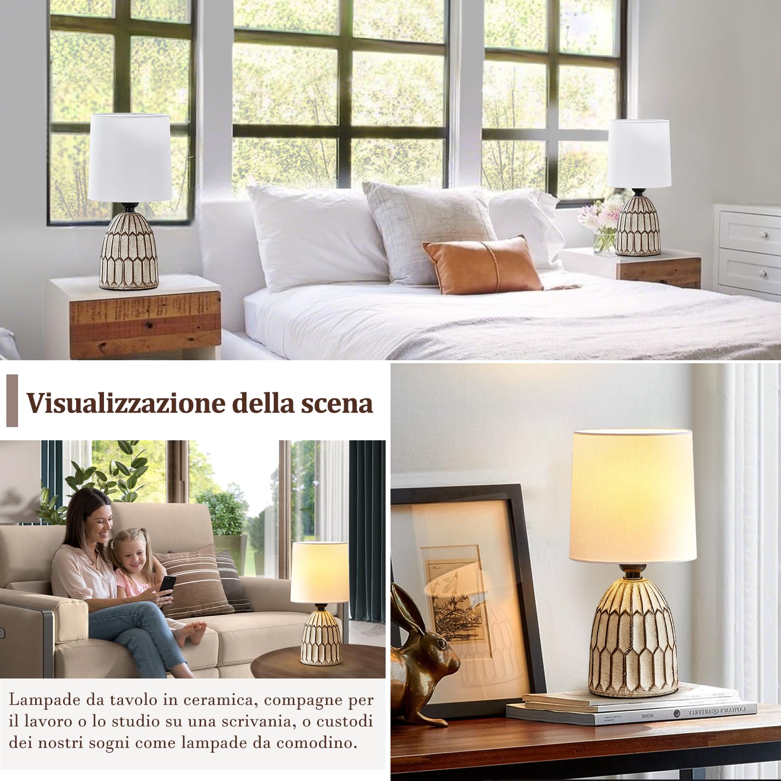 GyroVu Lampada da tavolo in ceramica set di 2, lampada boho per comodino, piccola lampada da notte con base in ceramica e paralume in tessuto per la decorazione di camere da letto e soggiorni