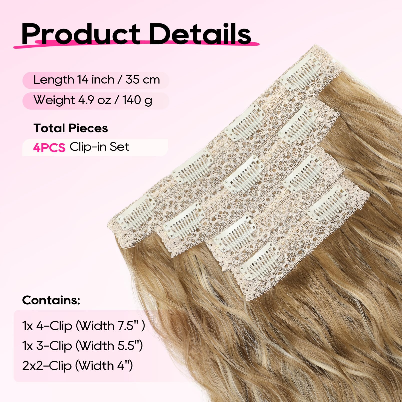 REECHO Clip-In Hair Extensions, 4-Piece 14-Inch Wavy Vegan Fiber Hairpieces