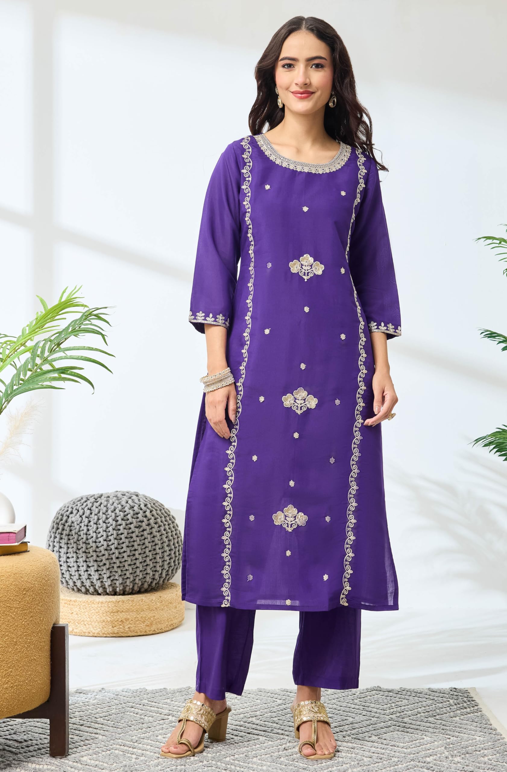 Janasya Women's Purple Silk Blend Embroidered Straight Kurta Set product image 6