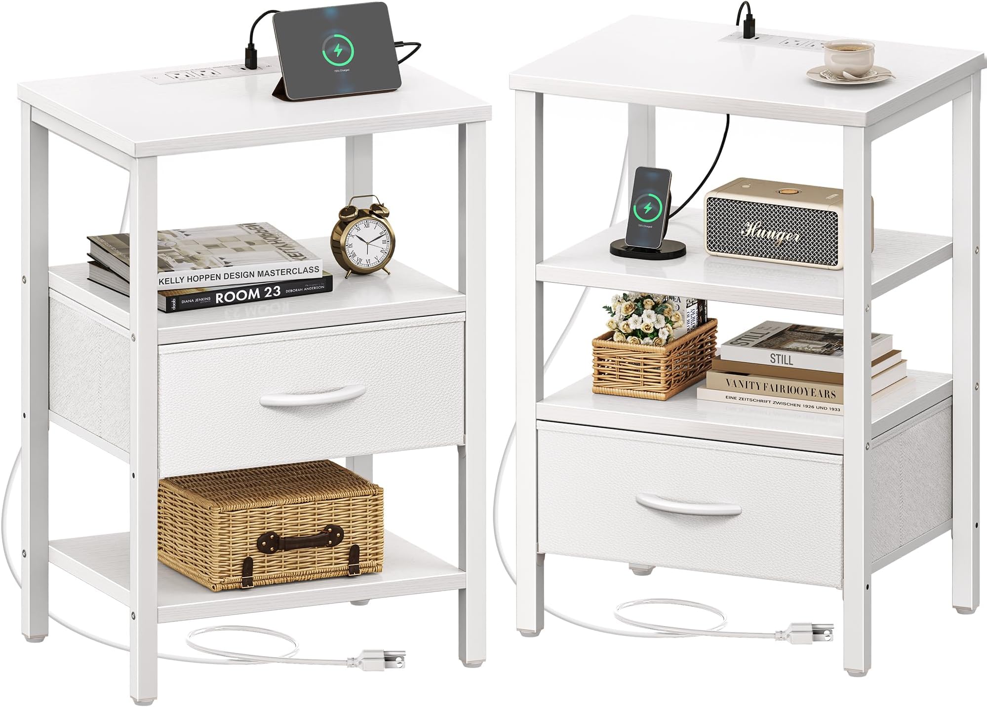 SUPERJARE Nightstand Set of 2, Bed Side Tables with Charging Station, Adjustable Fabric Drawer, Night Stand for Bedroom, 3-Tier Storage End Tables, White, 8694WC