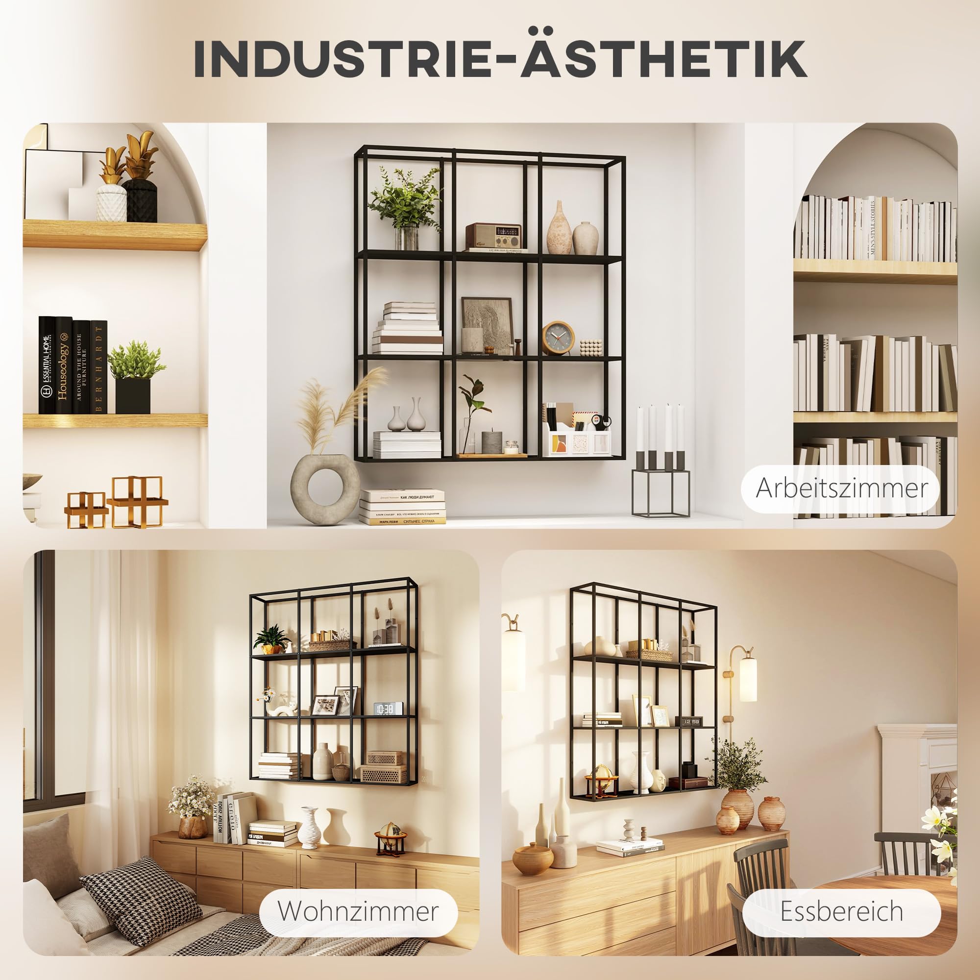 HOMCOM Industrialny Wiszący Regał Ścienny, Metalowy Regał z 9 Przegrodami do Salonu, Sypialni i Biura, Solidny Modułowy Regał na Książki, Czarny