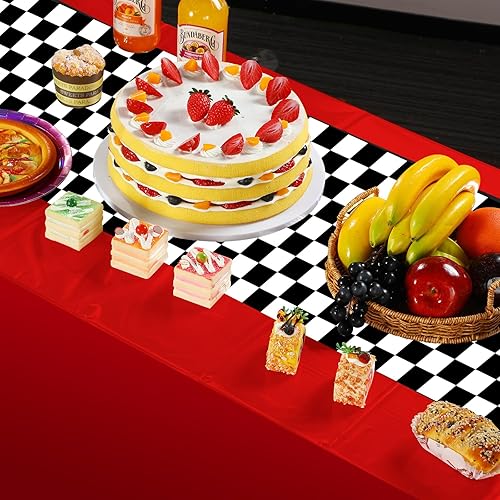 Vista 5 de Paquete de 3 manteles de plástico de auto de carreras, mantel desechable a cuadros rojos y negros, mantel rectangular a cuadros de búfalo