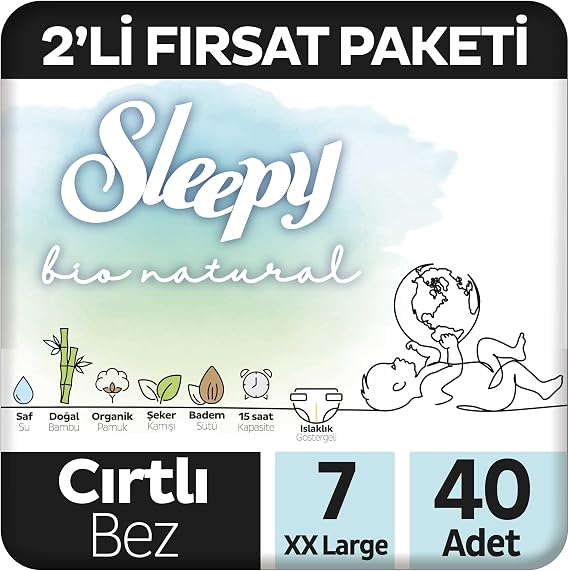 Sleepy Bio Natural 2'li Fırsat Paketi Bebek Bezi 7 Numara Xxlarge 40 Adet Cırtlı Bez