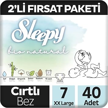 Sleepy Bio Natural 2'li Fırsat Paketi Bebek Bezi 7 Numara Xxlarge 40 Adet Cırtlı Bez