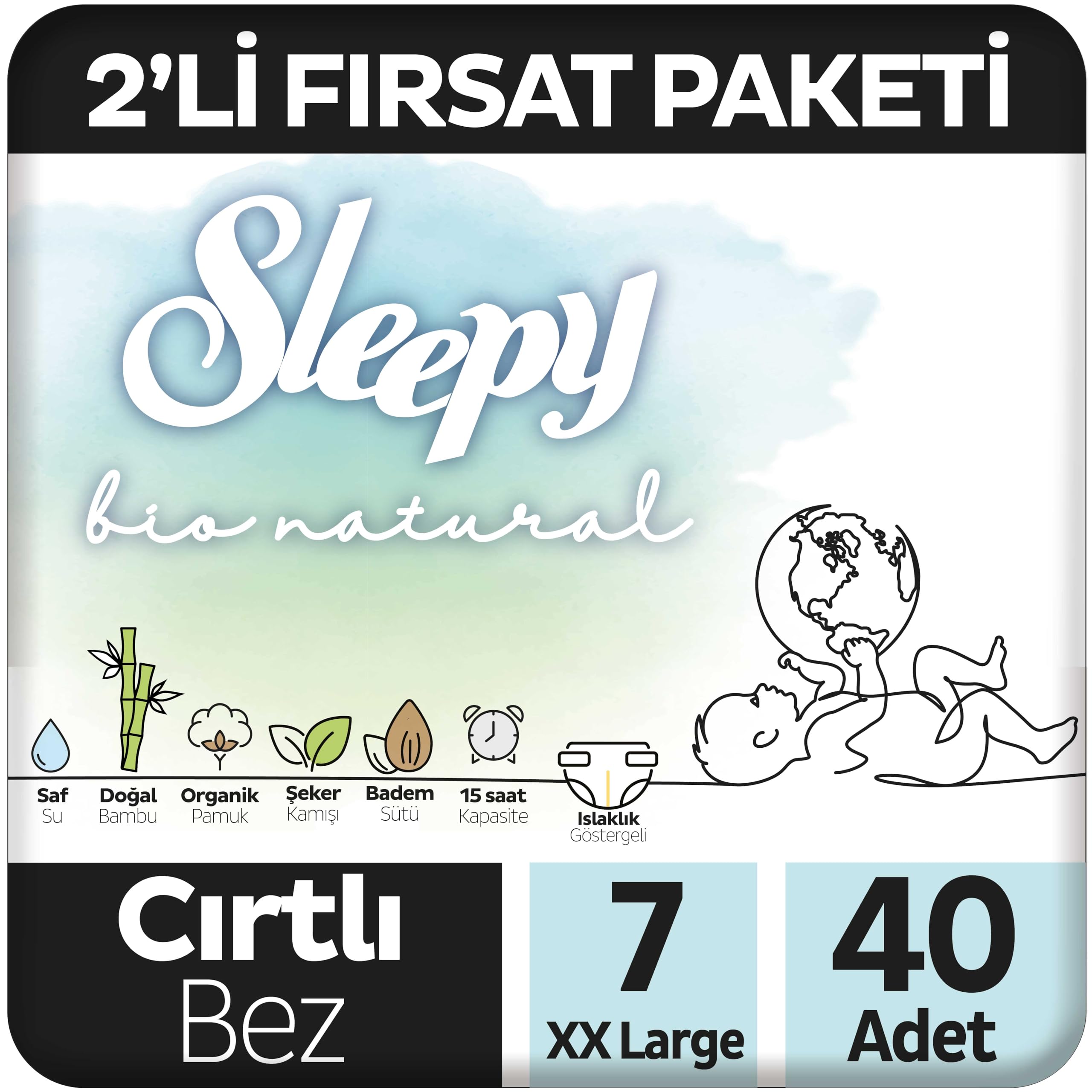 Sleepy Bio Natural 2'li Fırsat Paketi Bebek Bezi 7 Numara Xxlarge 40 Adet Cırtlı Bez