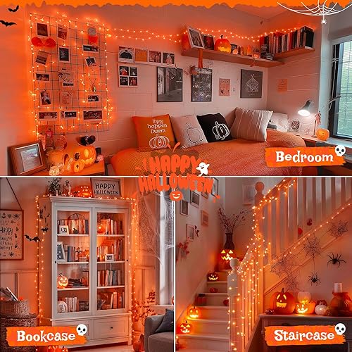 Miniatura 6 de JMEXSUSS Paquete de 2 luces naranjas de hadas de Halloween, 33 pies, 100 luces LED de Halloween con control remoto, 8 modos de luces parpadeantes