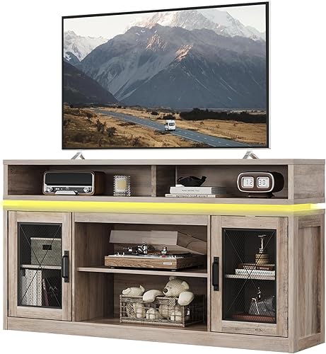 Miniatura 11 de WLIVE Soporte de TV de granja para TV de 65 pulgadas, centro de entretenimiento alto con armarios de almacenamiento, mueble de TV con consola Negro