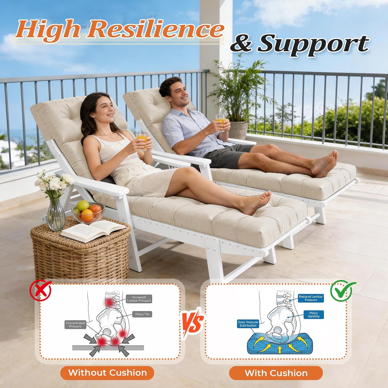 Outdoor Chaise Lounge Cushion, Waterproof 74.4x22x4.7 Inch Thick Cotton Filled Patio Lounge Chair Cushion with Ties, Replacement for Pool Lawn Balcony Furniture, Cream