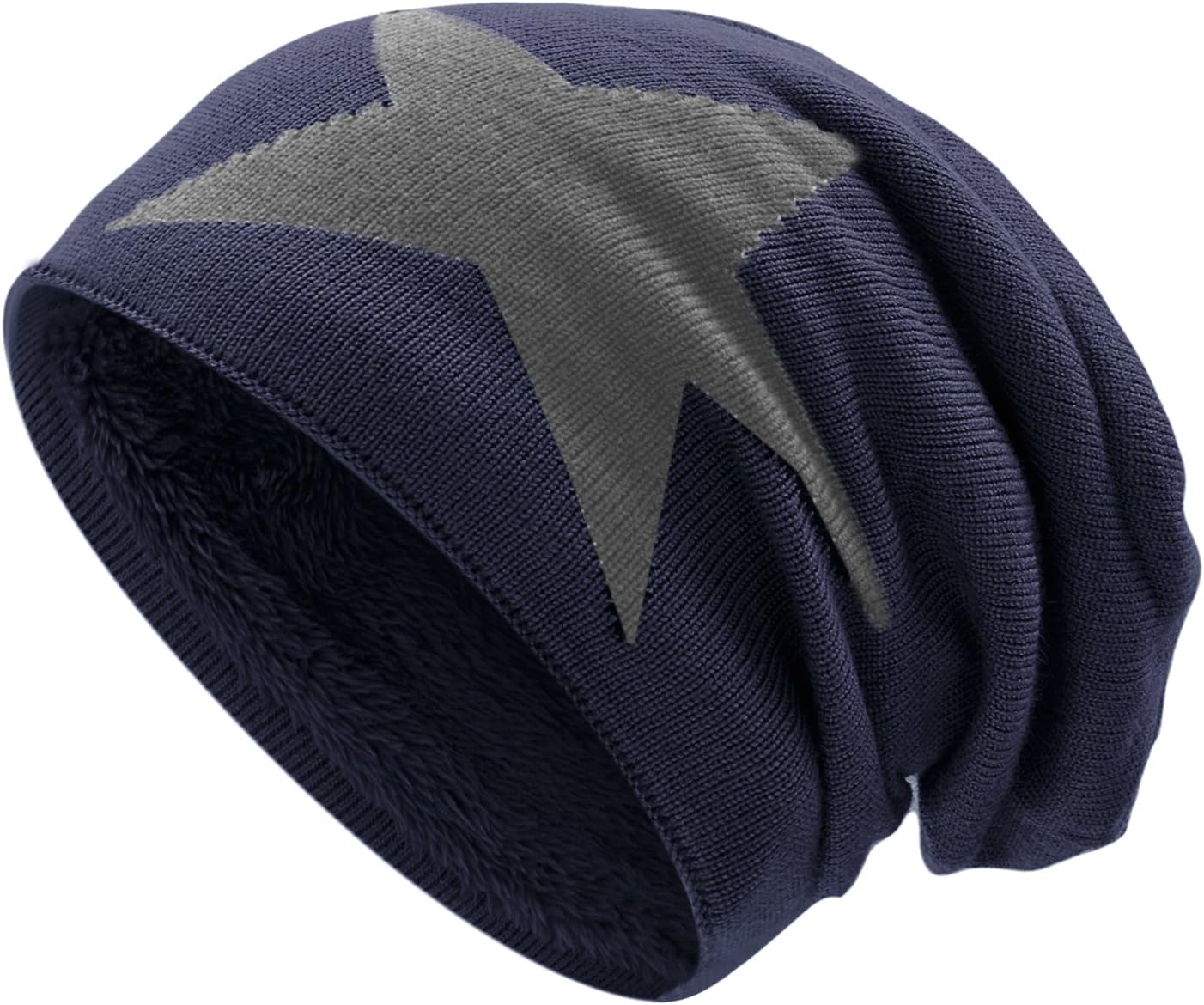 WinCret Slouchy Beanie Winter Warm Knit Hat with Thicker Flannel and Fine Knit Star for Men and Women