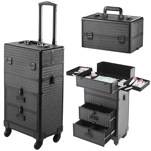 BTGGG 4 in1 Kosmetikkoffer Trolley mit Schublade Professionell Make Up Koffer Friseurkoffer mit Rollen Abschließbar Schminkkoffer Damen Nägel Koffer für Reise, Friseure, Visagisten Schwarz - Schwarz-4 in 1