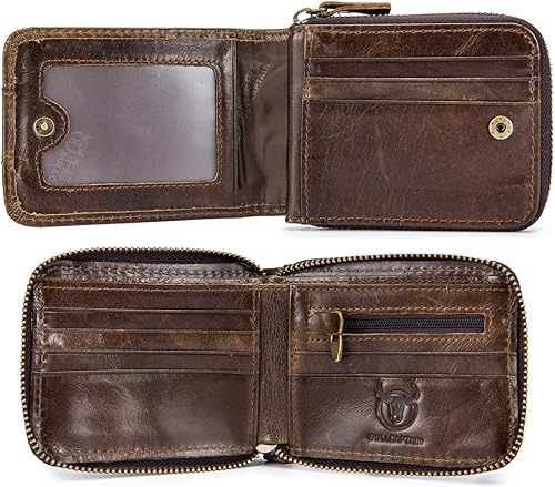 Miniatura 7 de BULLCAPTAIN Billetera de cuero para hombre con cremallera y bloqueo RFID, monedero (marrón oscuro)