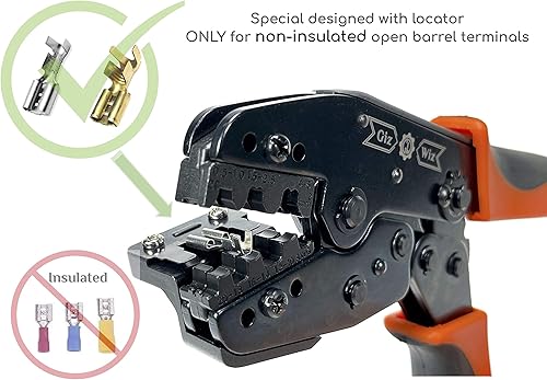 Miniatura 3 de GIZWIZ Profesional trinquete Crimp herramienta con localizador de pestañas para terminales de barril abierto no aislados Desconectar AWG 20-10