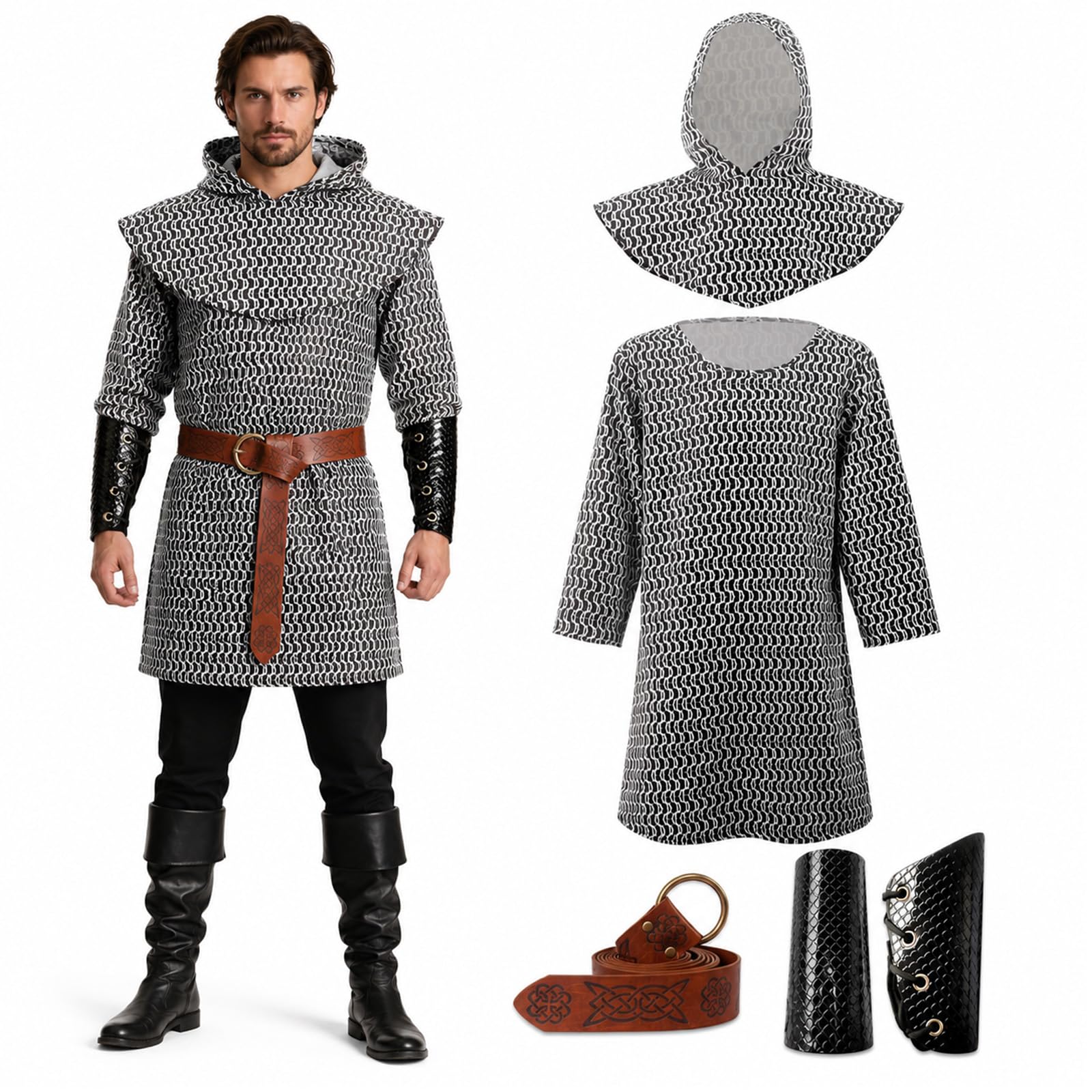ZZXIAOJIE 4Pcs Chainmail Knight Costume Adult Medieval Tunic Bracers Set