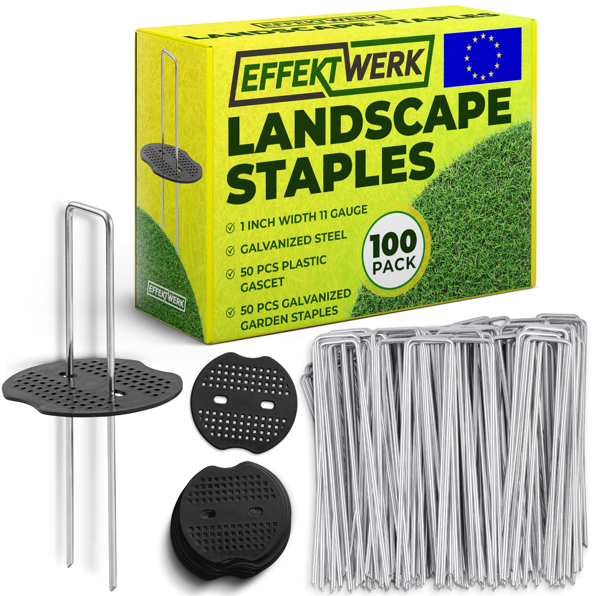 Garden Stakes w/Gaskets (6" / 150mm, 100 PK), Grapas galvanizadas en Forma de U con Arandelas, alfileres de Tela para la instalación de césped