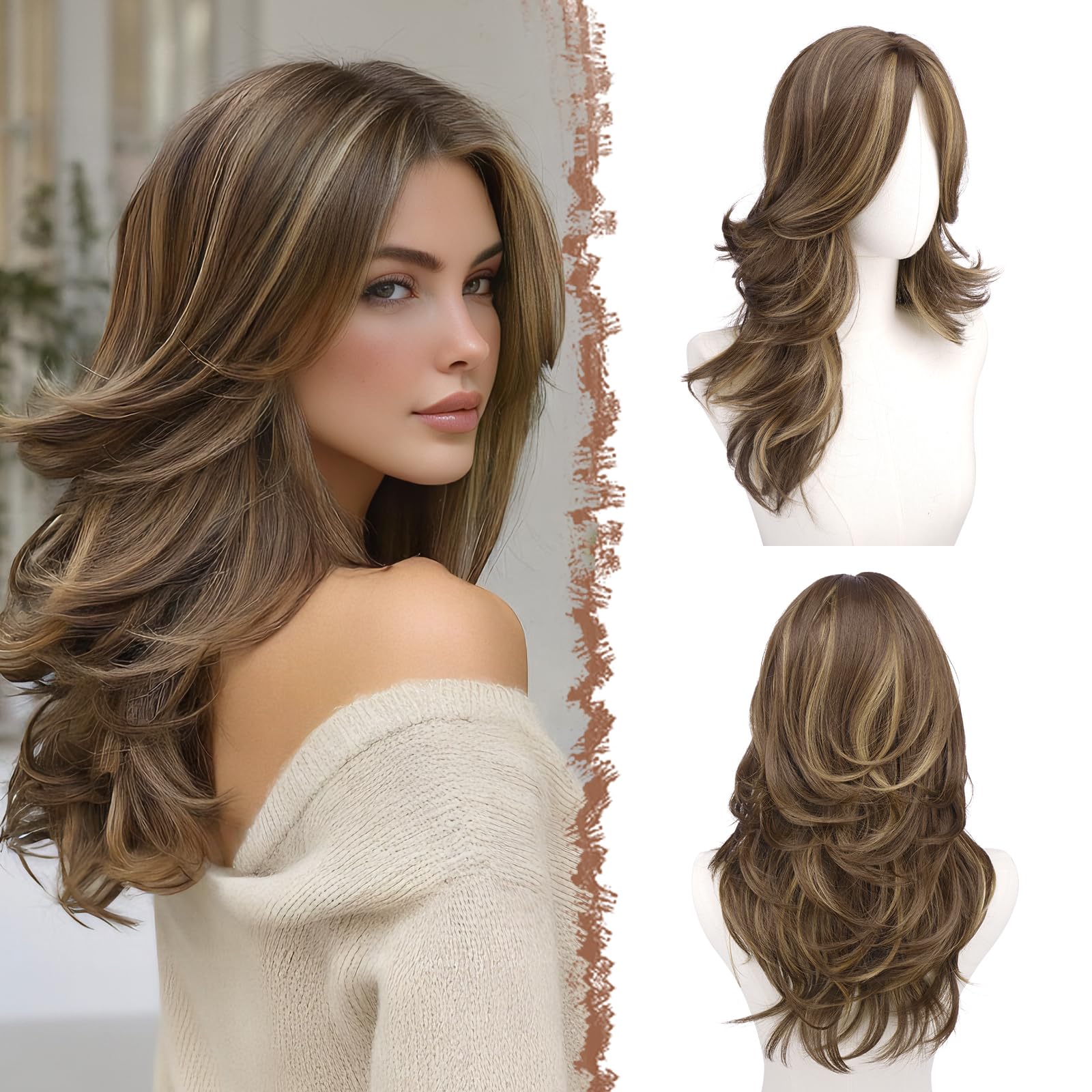 FESHFEN Parrucca Lunghe Ondulate con Frangia per Donne, 50 cm Castano Biondo Misto Parrucche Naturale Stratificato Sintetici Resistente Wig per Use Quotidiano le Feste e il Cosplay