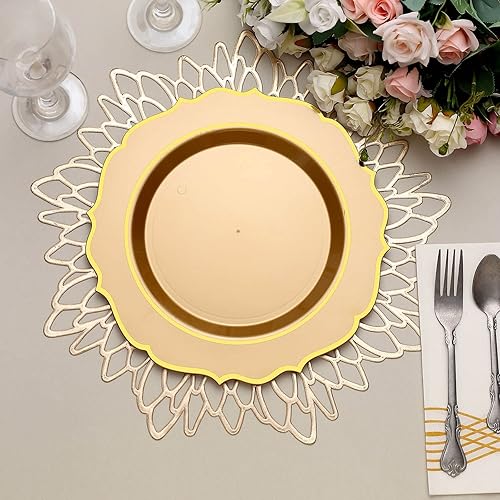 Miniatura 2 de Tableclothsfactory Paquete de 10 platos desechables de plástico dorado de 10 pulgadas con borde festoneado dorado para bodas, recepciones al aire