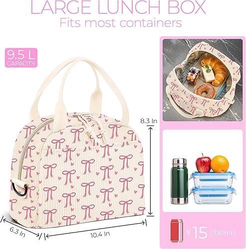 Miniatura 3 de Lonchera para mujer, lonchera con aislamiento de pana con correa para el hombro para mujeres adultas, para el trabajo, picnic (corazón de lazo rosa)