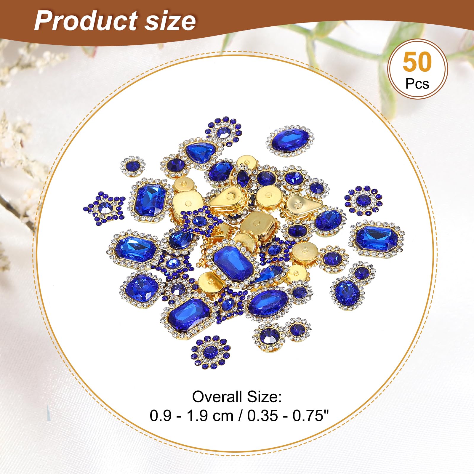 PATIKIL Strass da Cucire, 50Pz Forme Miste Gemme Vetro con Base Metallo a Forma Fiore, Strass per Tessuti Scarpe, Vestiti, Cinture, Decorazioni Cucire, Blu (0.35-0.75