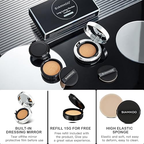 Miniatura 5 de SIAMHOO Air Cushion CC Cream Foundation - Base de maquillaje con protector solar SPF50+, cobertura completa, ligera, duradera, control de aceite