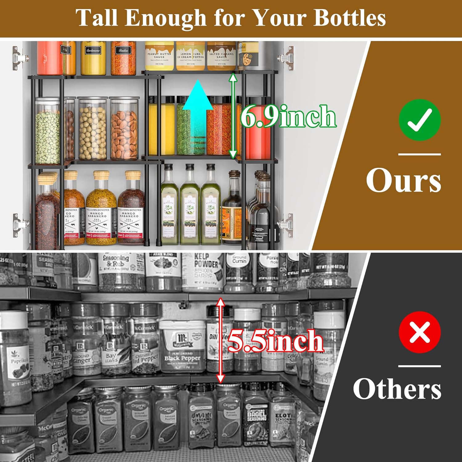 Spicy Rack Pro – Expandable 10"-18.9" Spice Rack for Cabinet, 2-Tier Wood & Metal Shelf, Heavy Duty, High Space for Large Bottles, Easy 3-Min Install, Stackable or Side-by-Side