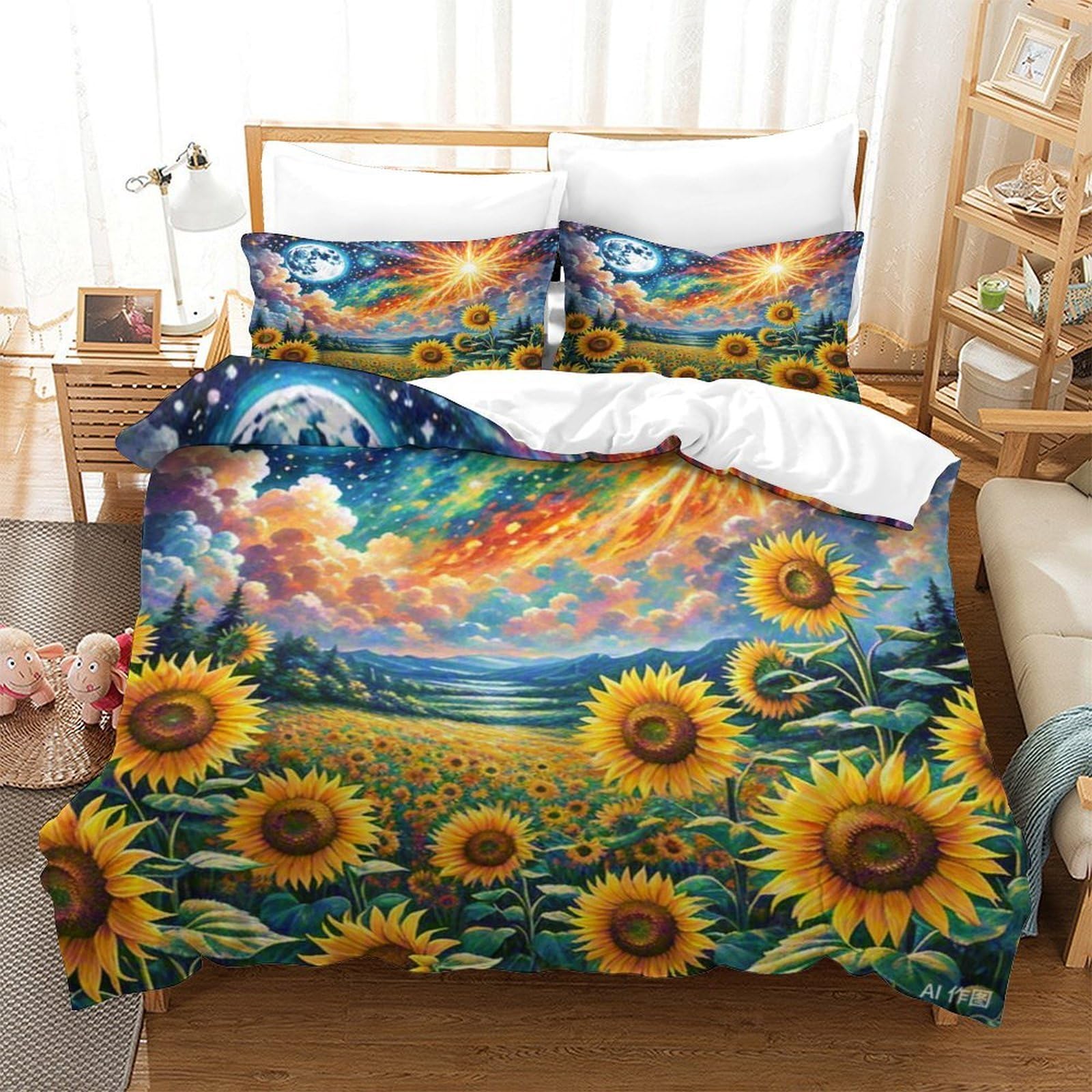 Housse de couette tournesol 3D 140x200 parure lit microfibre