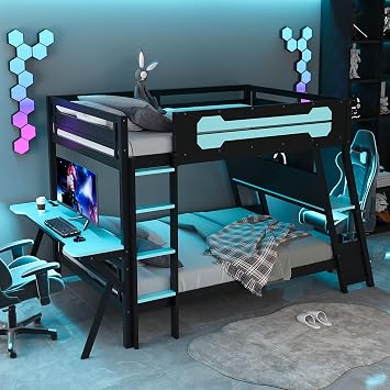 Full Size Bunk Bed with Two Built-in Gaming Desks and Pegboard Organizer, Modern E-Sports Inspired Design Wood Bedframe with Charging Ports for Teens Adults Black+Blue-08, Full