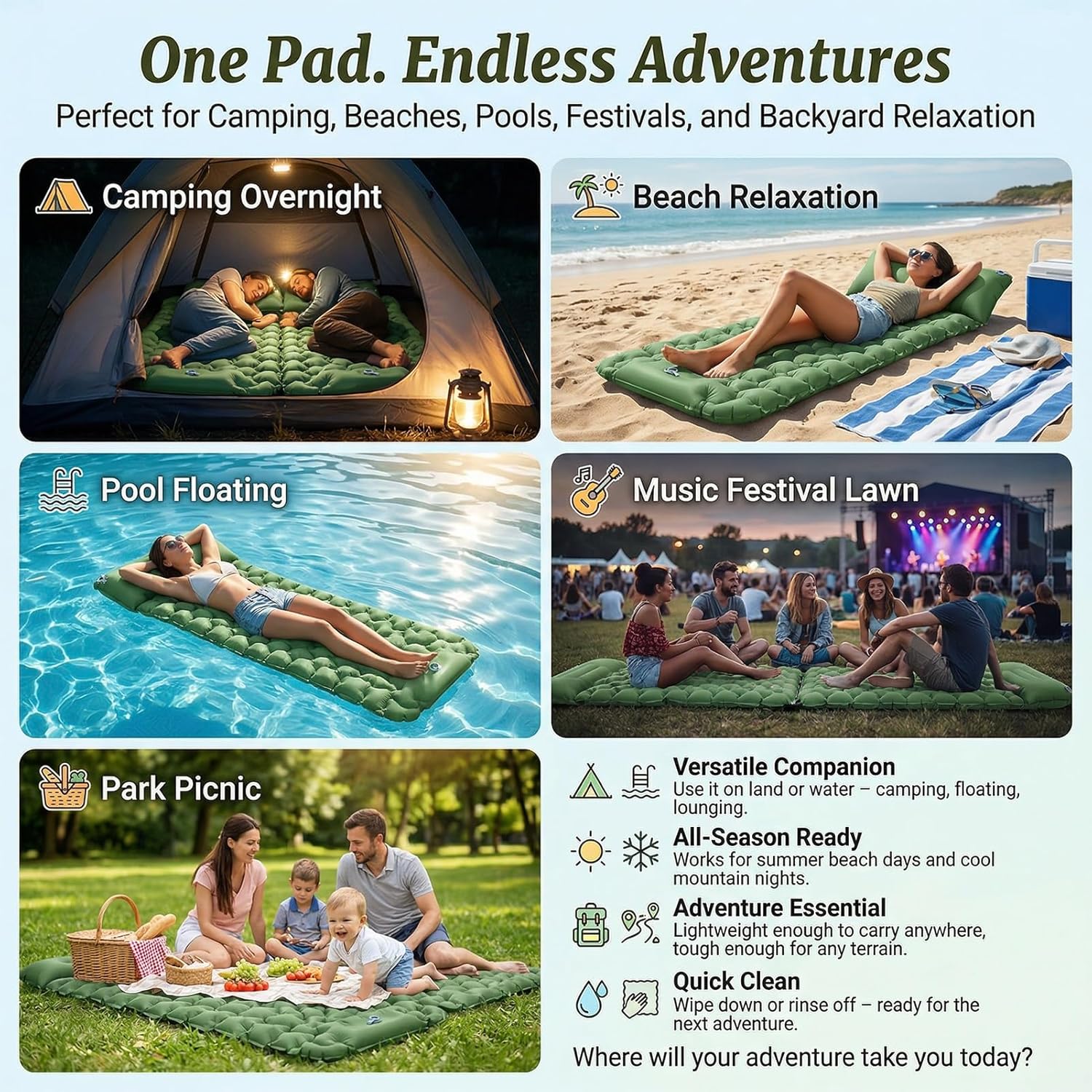Lounge Mat - Your Portable Chill Zone Self Inflating Sleeping Pad Backpacking Air Camping Mattress Ultralight Memory Foam Travel Bed Built-in Foot Pump Airpad Tent for Car Outdoor Hiking(Khaki)