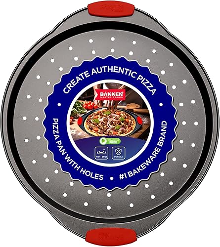 Bakken - Bandeja para pizza de acero al carbono con agujeros y revestimiento antiadherente sin PFOA PFOS y PTFE
